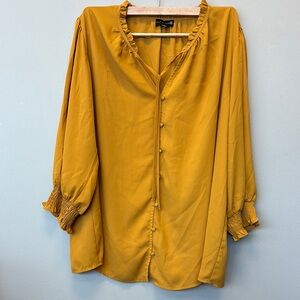 Ryan Wythe Mustard Yellow Women's Top Button Down Front Tie Ruffle Collar